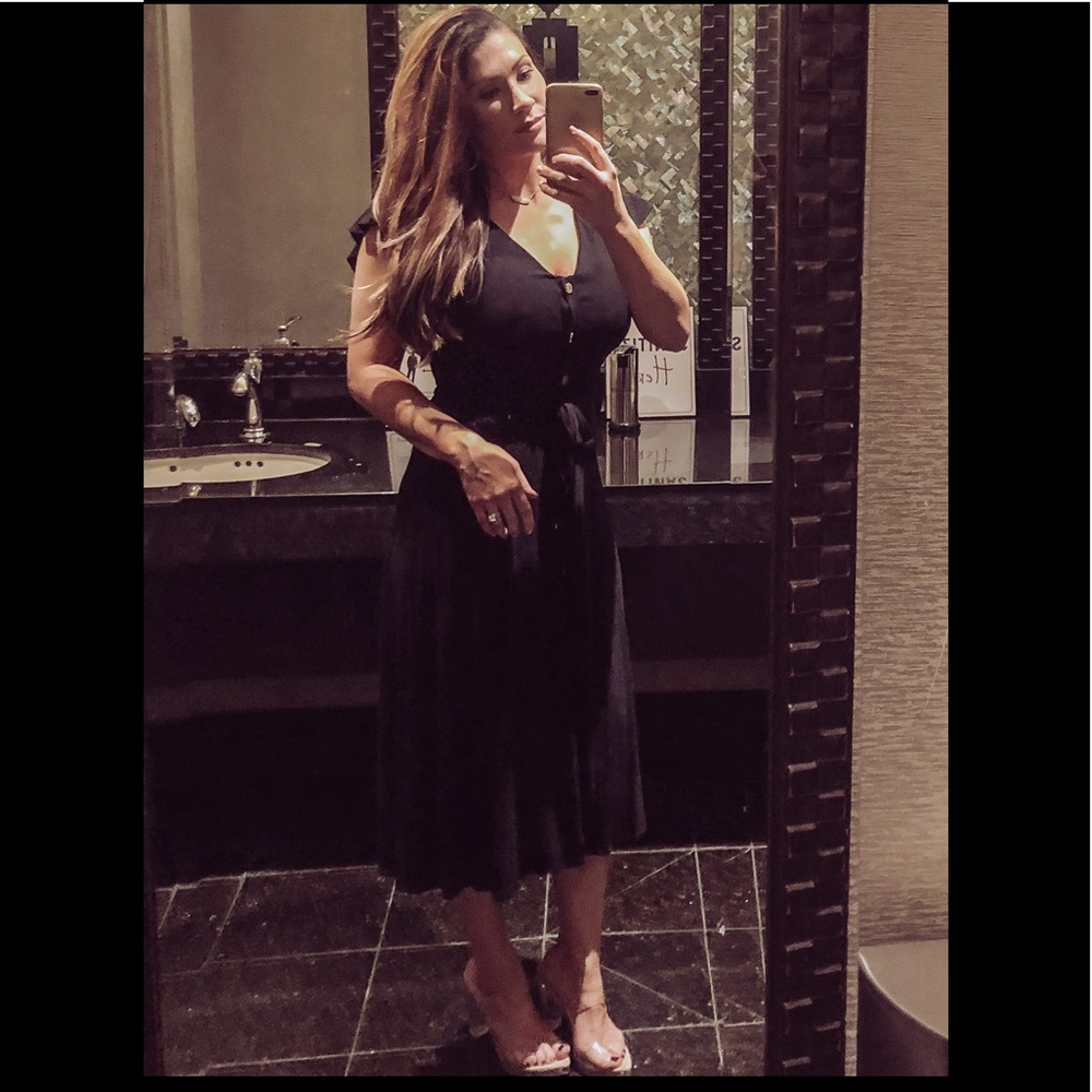 black button dress with tie belt